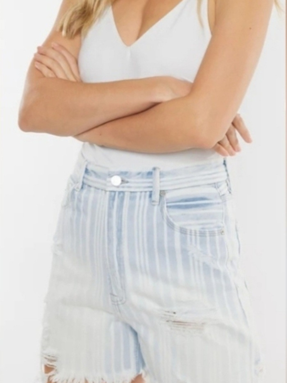 KanCan Light Blue & White Striped High Rise Denim Shorts